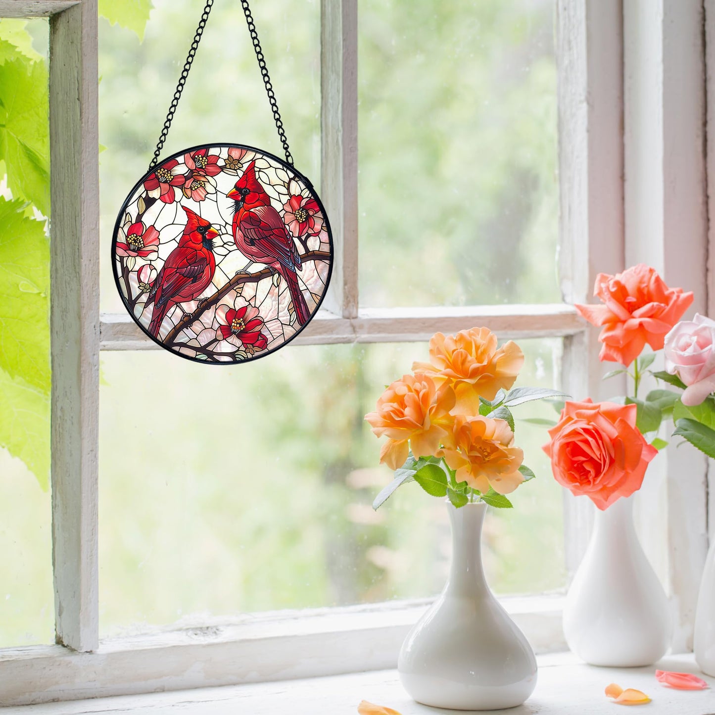 FUGWN Cardinal Bird Stained Glass Window Hanging, Red Cardinal Flower Sun Catchers Indoor Window Round Glass Wall Art Decor, Bird Suncatcher Wall Hanging Decorations, Gardening & Lawn Care