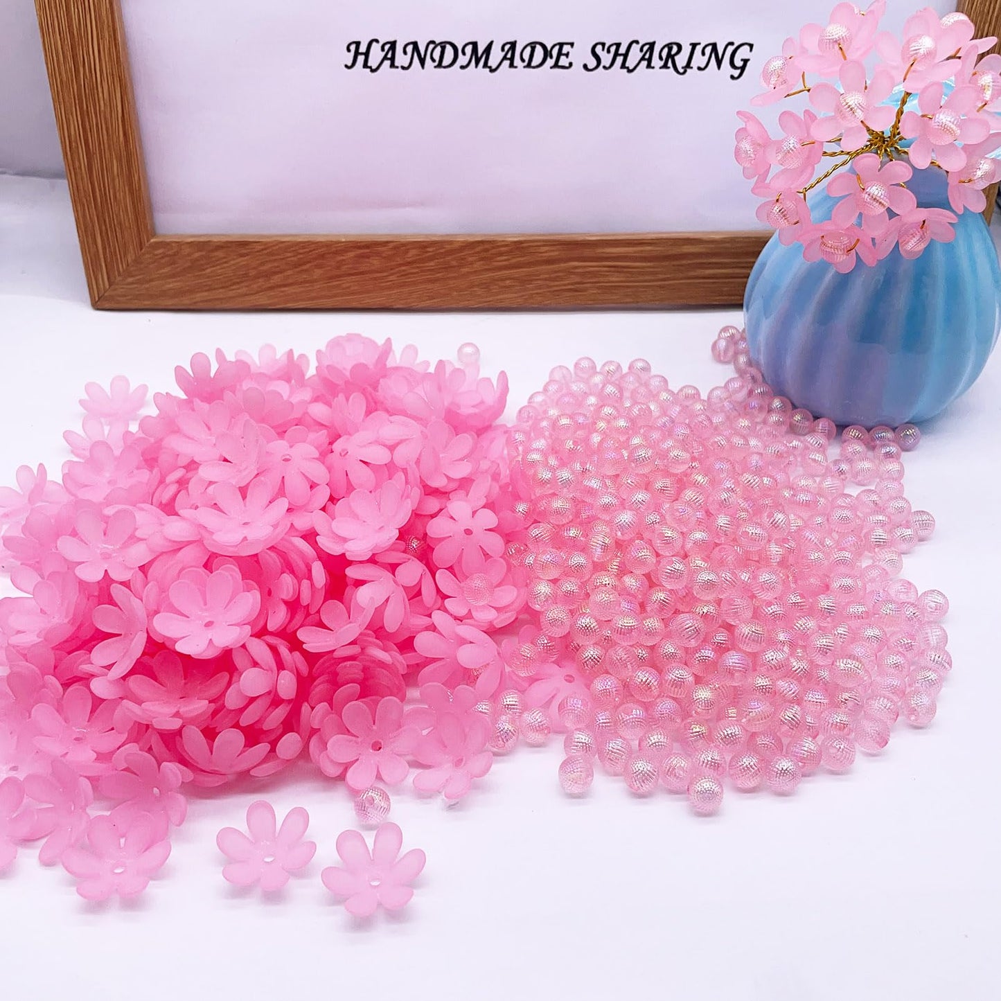 Crystal Artificial Flower Bouquet Material Set, Including 300 Acrylic Petals, 300 Beads, and 50 Iron Wires, Used for DIY Bouquets for Home Garden, Party, and Wedding Decoration (Pink)