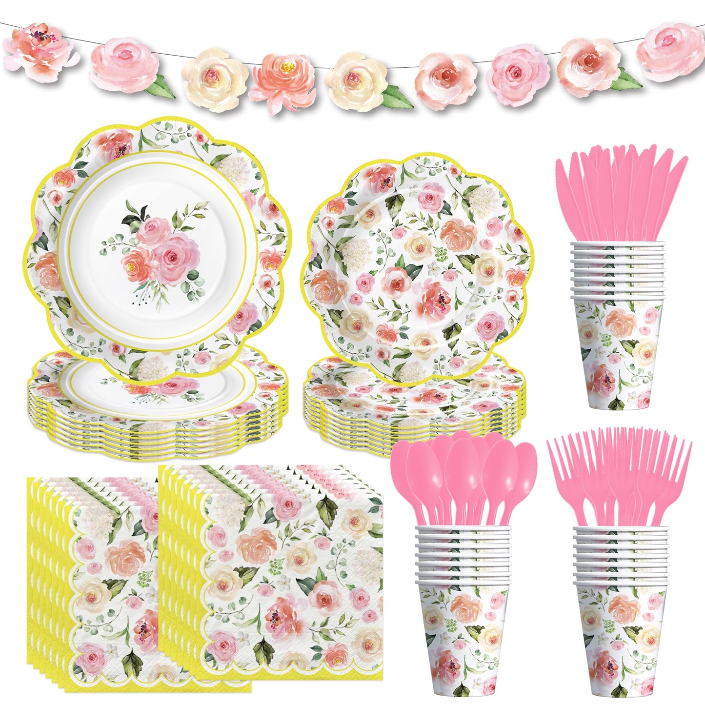 Owelleny Flower Floral Party Decorations, Spring Summer Elegant Garden Floral Party Supplies for Birthday Bridal Wedding Baby Shower, Disposable Paper Plate, Cup, Napkin, Banner, Cutlery, Serves 24