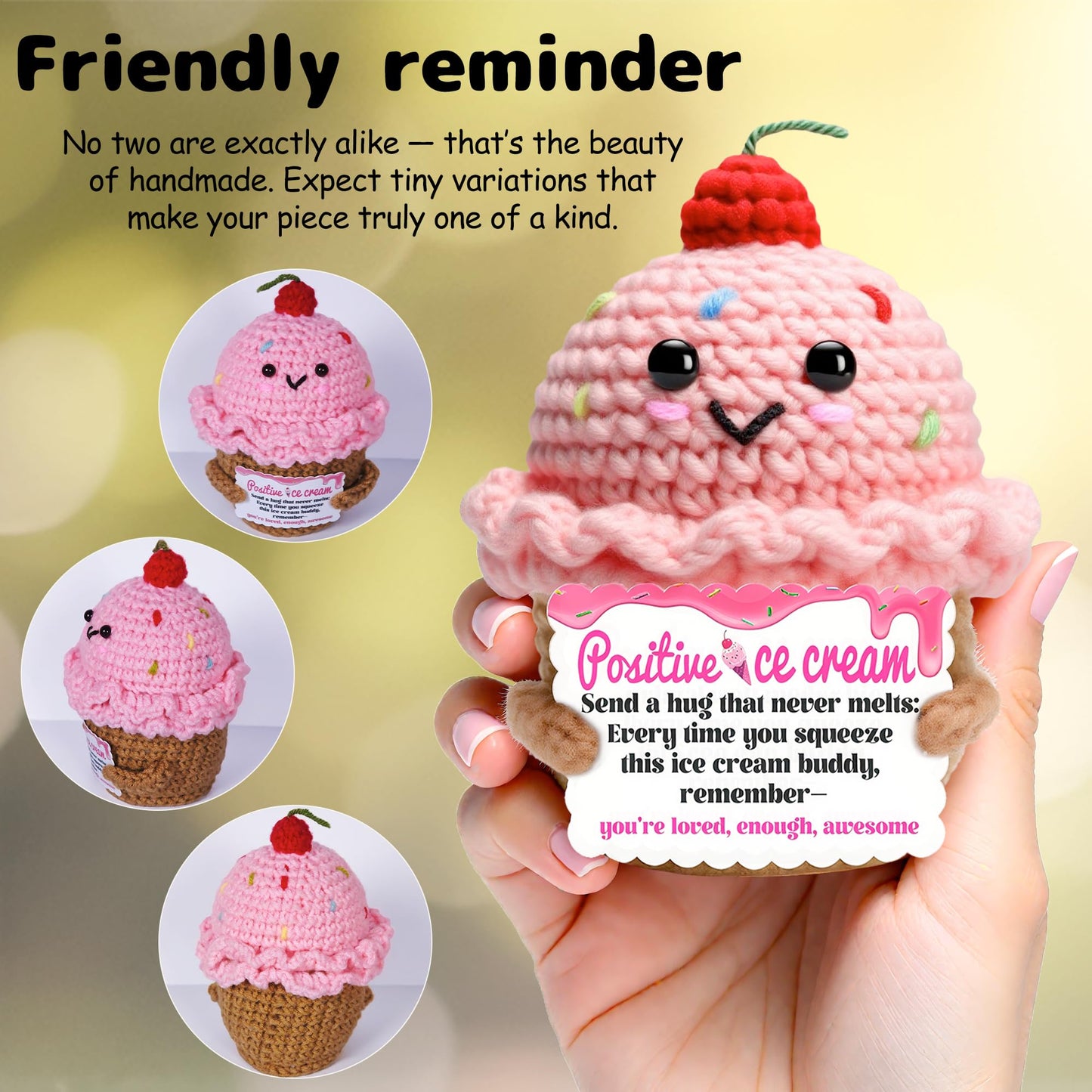 MLZTINGR Happy Birthday Gift for Women – Handmade Crochet Ice Cream Plush, Cute Knitted Present for Mom, Daughter & Girlfriend – Positive Decorative Gift for Christmas or Home Décor
