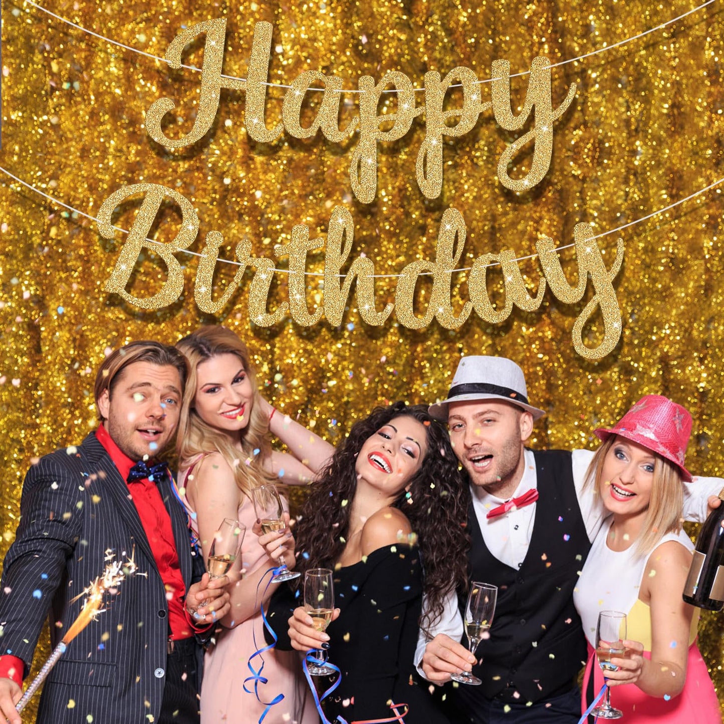 JHZMCRX Glitter Happy Birthday Banner Sign Birthday Garland Wall Door Banners Flag for Women Men Boys Girls Party Backdrop Decorations Gold