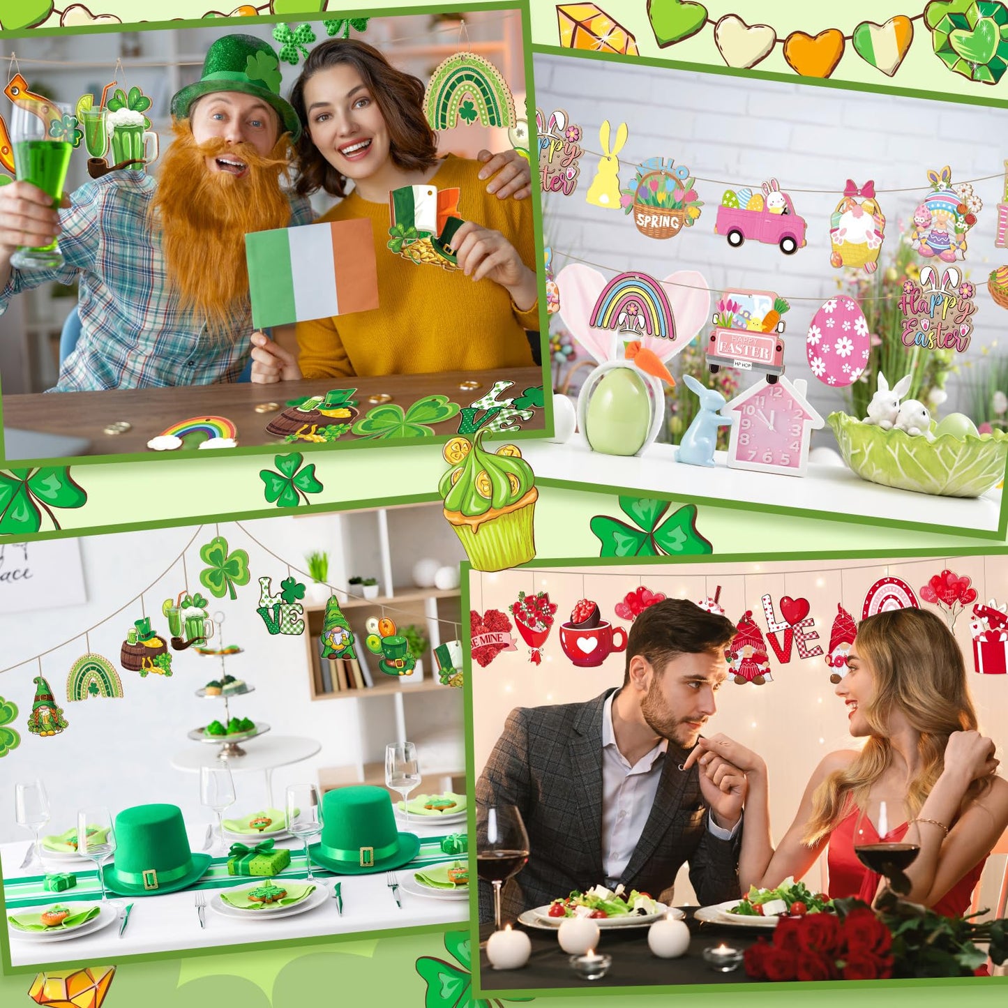 Anglechic 72 Pcs Valentine's Day Hanging Ornaments for Tree St. Patrick's Day Shamrocks Gnome Hanging Ornaments Happy Easter Egg Gnome Bunny Chick Cutouts Party Decorations(Flat Style,Wood)