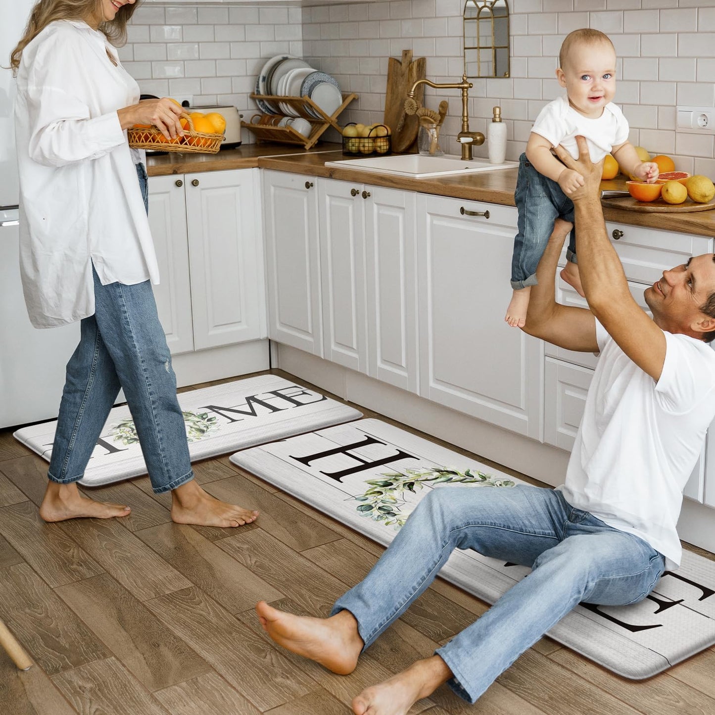 KIMODE Farmhouse Kitchen Mat 2PCS Anti Fatigue Kitchen Rugs Non-Skid Waterproof Kitchen Floor Mat Cushioned Comfort Standing Mat for Office,Laundry,Sink,Home
