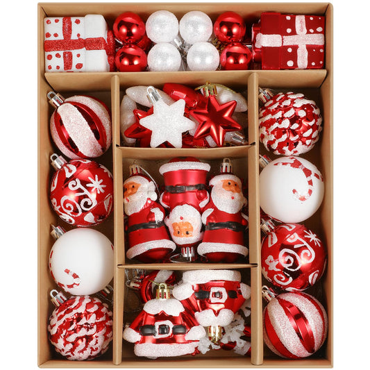 Christmas Ball Ornaments Set, 55 ct Red White Assorted Xmas Elements Theme Ornaments, Shatterproof Decorative Hanging Ball Ornaments for Holidays Party Wedding Christmas Tree Decoration
