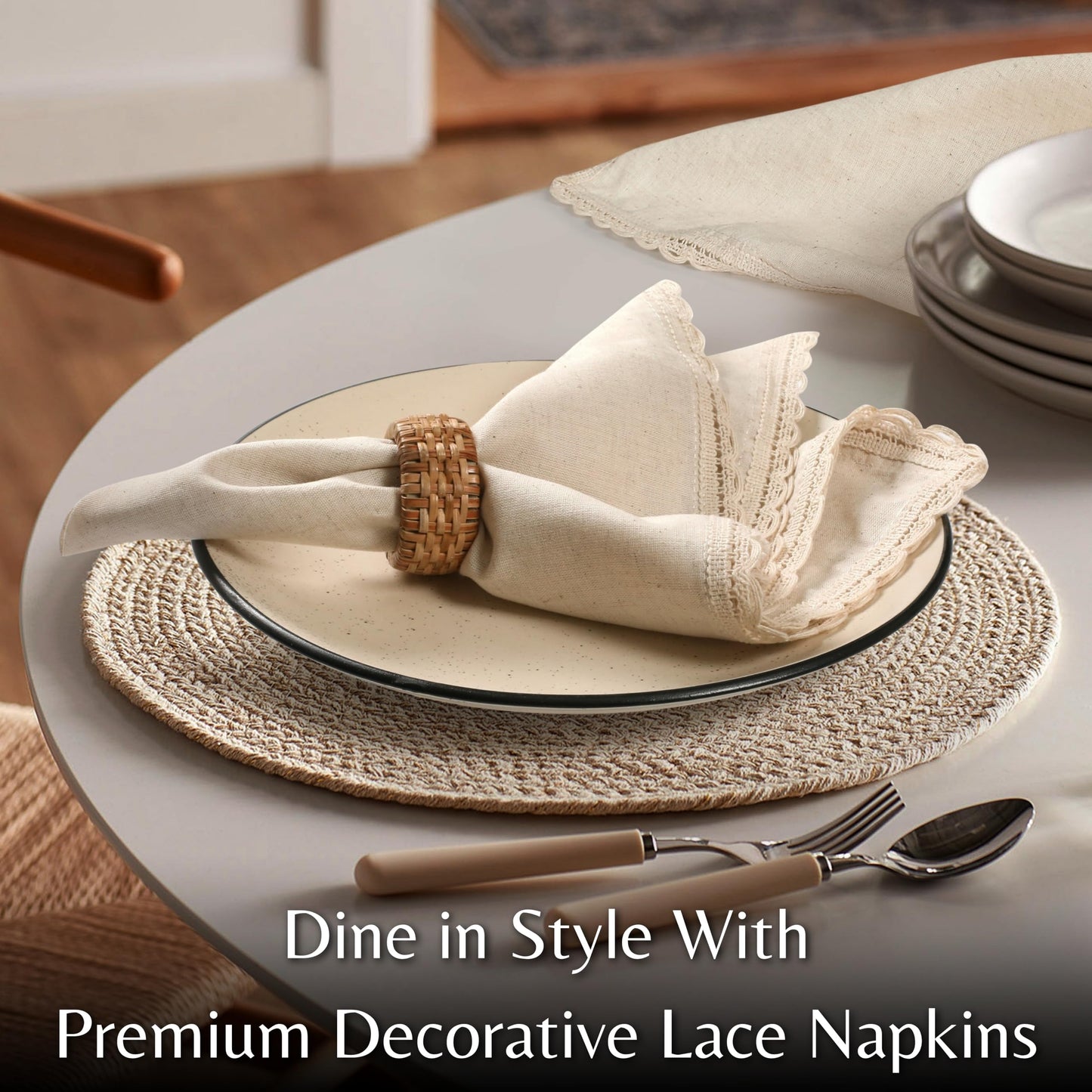Ramanta Home Decorative Cloth Dinner Napkins Set of 4, 20x20 Inch Natural Lace Flax Cotton Napkins with Mitered Corners, Oversized Use, Parties, Weddings, Spring, Easter Cloth Napkins