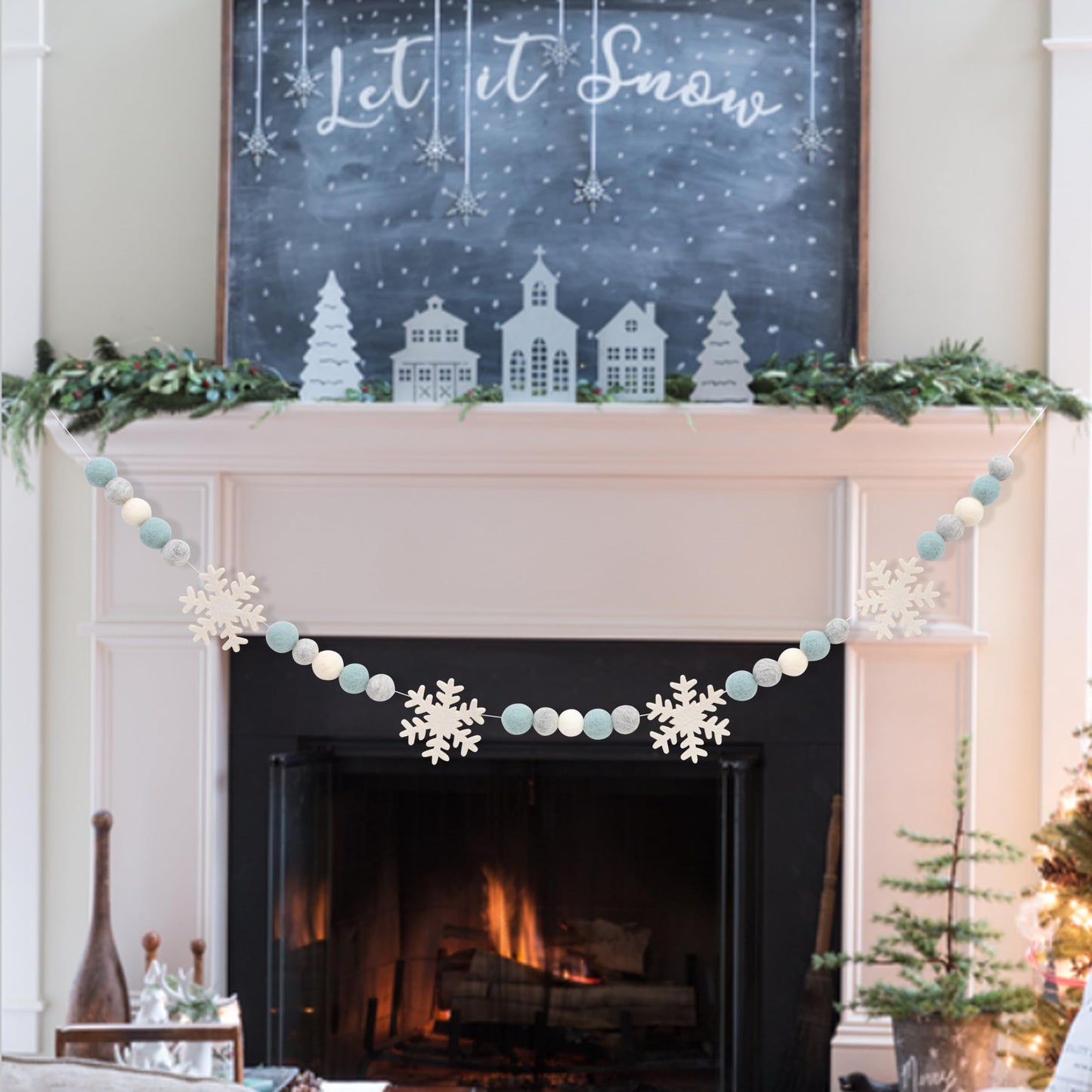 Snowflake Felt Ball Garland - Winter Birthday Home Decorations,Frozen Snowflake Garland Photo Props,Winter Wonderland Felt Ball Banner,Felt Snowflake Mantel Wall Hanging Decoration