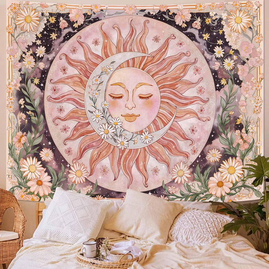 Neasow Sun Moon Daisy Tapestry, Boho Aesthetic Floral Wall Art, Pink Hippie Decor for Living Room Bedroom Home, 36x48 inches