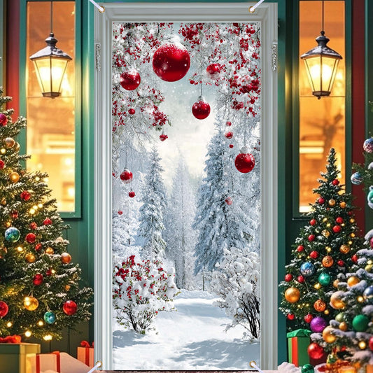 Nuxovilar Snow Scene Door Cover with Red Accents Background Winter Xmas Holiday Wonderland Decorations Party Supplies Hanging Banner for Home, Office, Indoor & Outdoor Use (35x71 Inches)