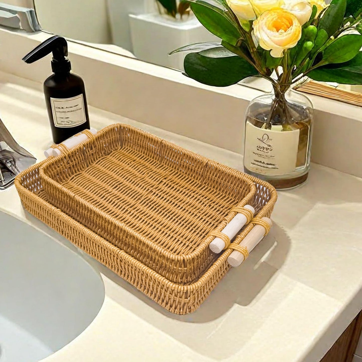 GIB Woven Baskets Serving Trays with Handle, Small Rectangle PP Wicker Rattan Trays Bread Basket for Serving Food, Vegetables, Breakfast, Coffee Table Decor, 14" & 12", Set of 2