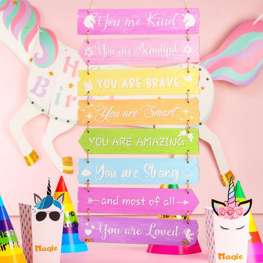 Inspirational Girl Room Decor Aesthetic Art Wall Hanging Sign Inspiring Colorful Rainbow Wooden Decoration for Kids Teens Toddler Boy Baby Bedroom Nursery Dorm Decor, 6-12 Years old(Unicorn)