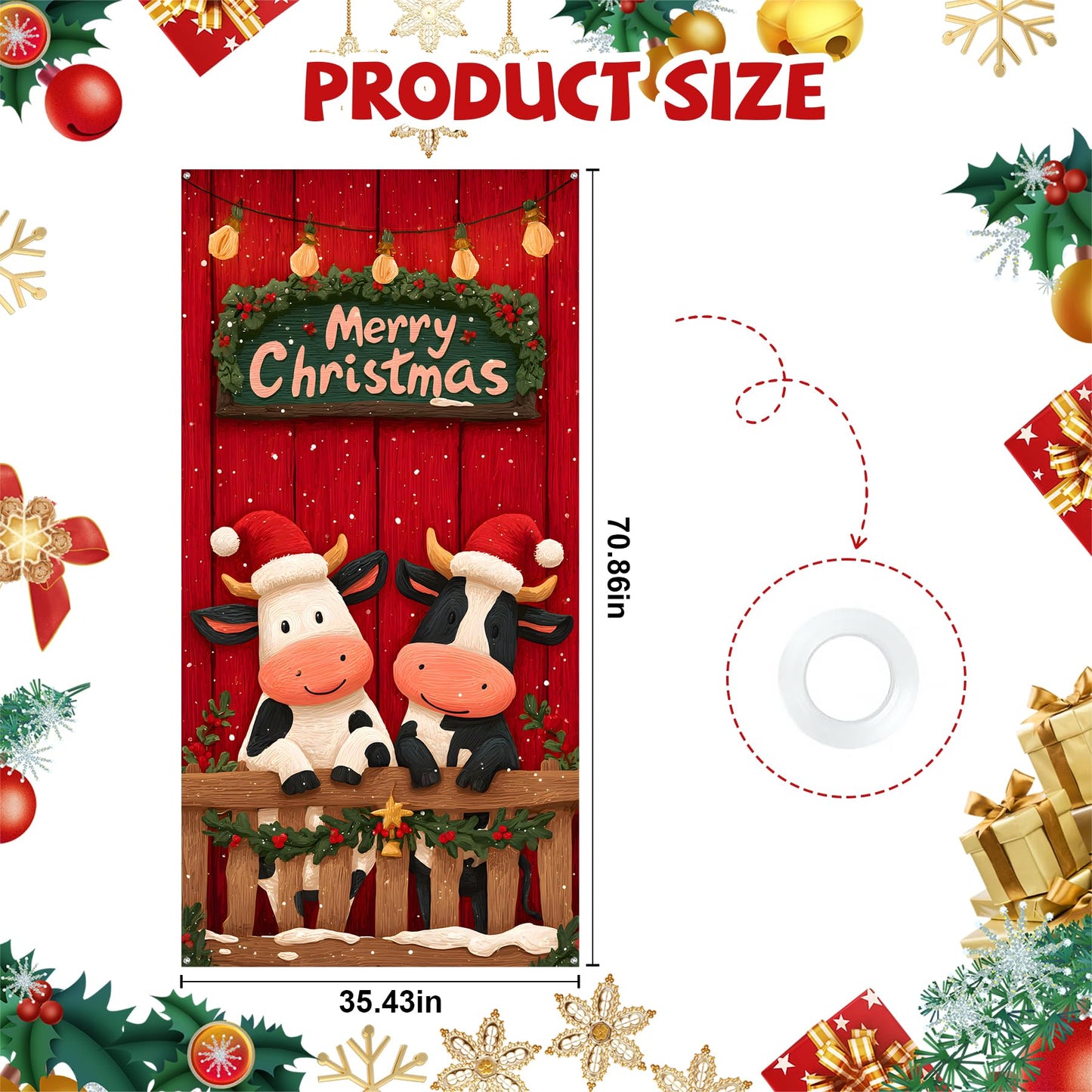 Christmas Door Cover, 35.4 x 70.8 inch Merry Christmas Door Cover Hanging Banner Backdrop Xmas Winter Holiday Decor for Front Door, Two cows