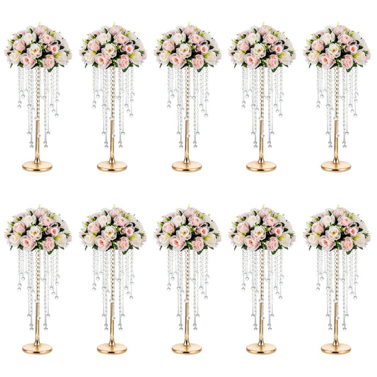 NUPTIO Gold Vases for Centerpieces Wedding - 10 Pcs 21.7in Tall Vase Centerpieces for Tables - Chandelier Flower Stand Bulk