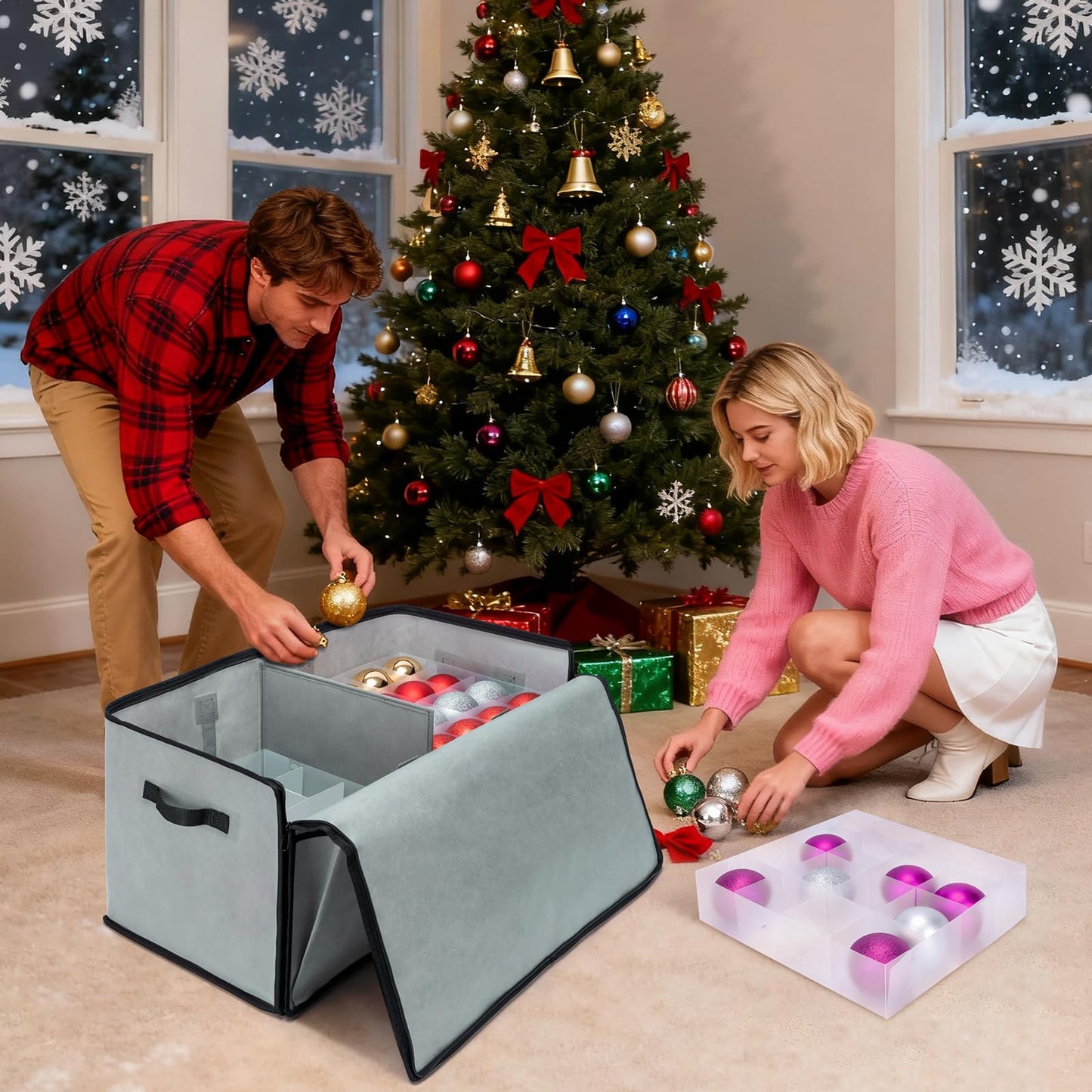 BALEINE Christmas Ornament Storage Box with Dividers, Premium Holiday Ornaments Storage Container Bin for Xmas Decorations (128 Ball, Grey, Soft)
