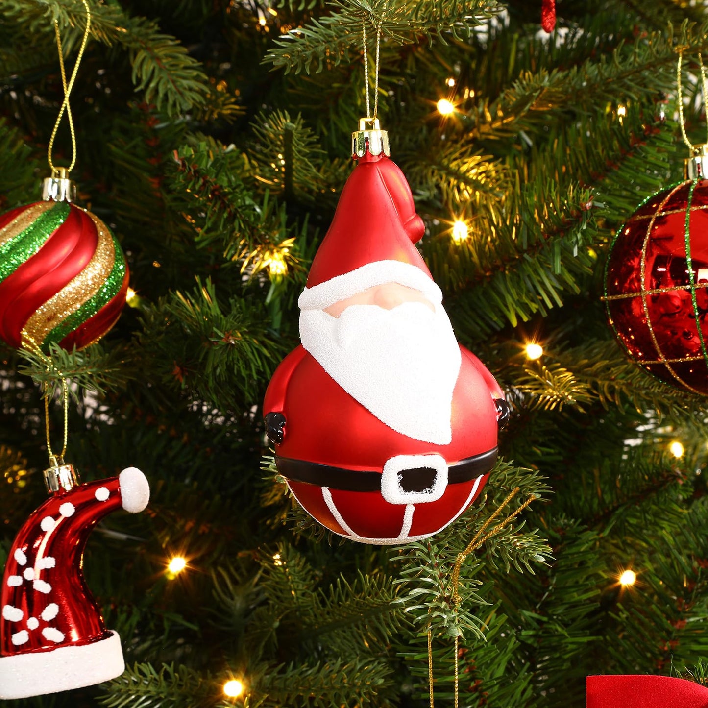 Alupssuc 100 Pcs Christmas Ball Ornaments Set, Santa Claus and Snowman Christmas Tree Decoration Baubles for Indoor Outdoor Holiday Wedding Party Decoration Tree with Hanging Rope, Red & Green & Gold