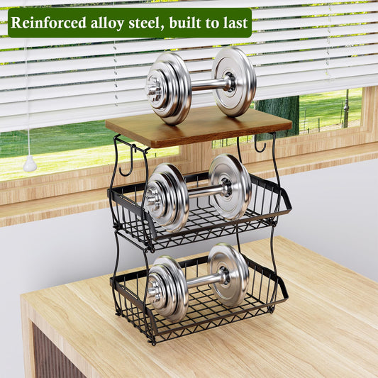 OKZEST 3-Tier Fruit Basket for Kitchen Counter with Banana Hangers, Countertop Organizer Fruit Bowls with Wood Top, Fruit Storage Basket Stand for Storage Potato Onion Bread Snack Fruit Veggie