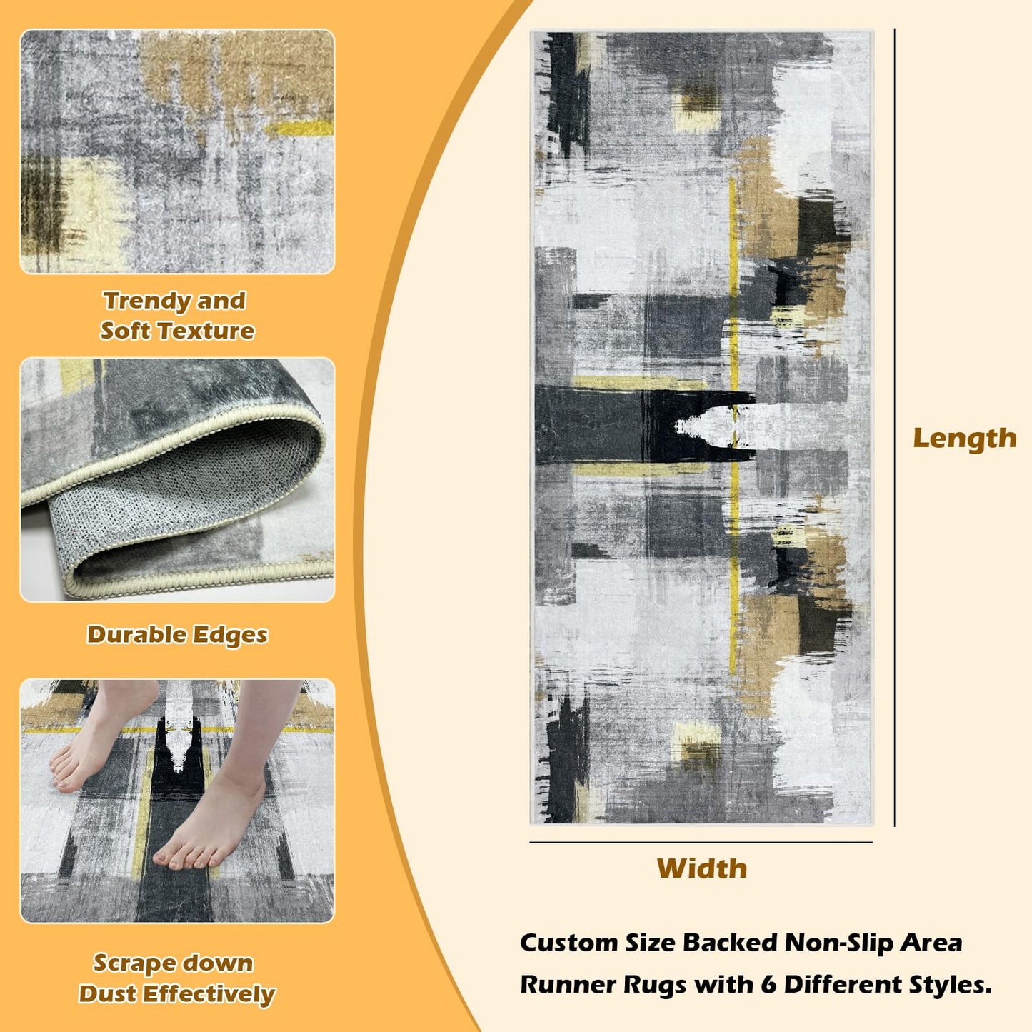 Heyroll Washable Area Rug, 2X6FT Hallway Runner Rug Carpet,Soft Modern Entryway Mat with Non-Slip TPR Backing,Low Pile Carpet for Indoor, Bath,Living Room,Kitchen,Laundry- Customized, Graffiti Gray