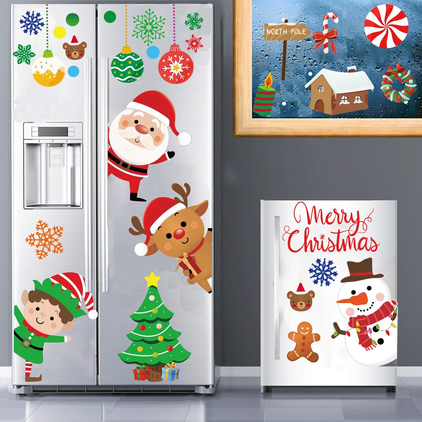 Christmas Wall Decals Stickers 96PCS Removable Large Merry Xmas Wall Decorations Christmas Bathroom Decor Santa Claus Snowman Reindeer Window Clings for Outdoor Indoor