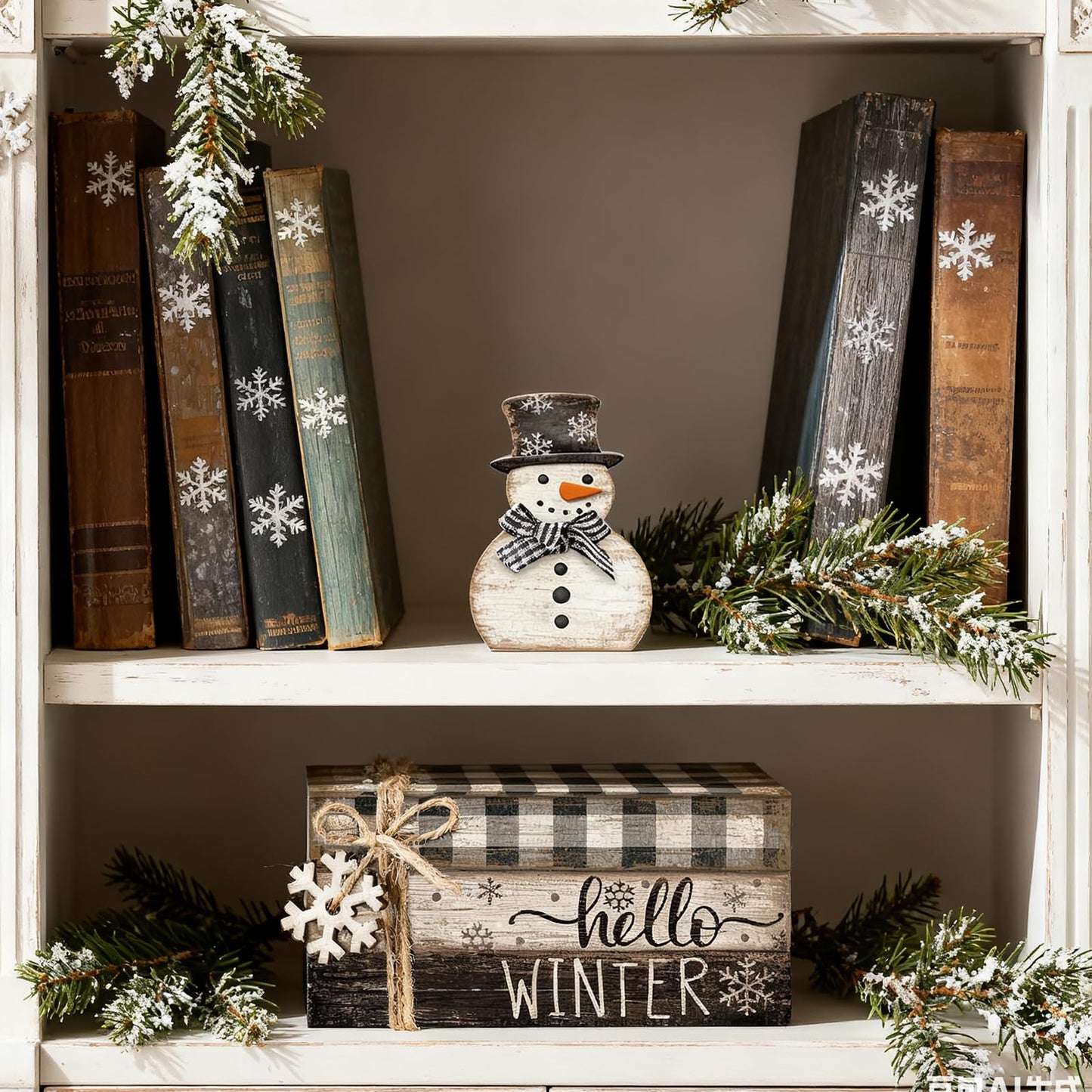 Anglechic 4 Pcs Winter Snowman Decor Hello Winter Table Decorations Christmas Tiered Tray Decor Centerpiece Indoor Rustic Wooden Snowman Block Sign Gift Farmhouse for Home Kitchen Shelf