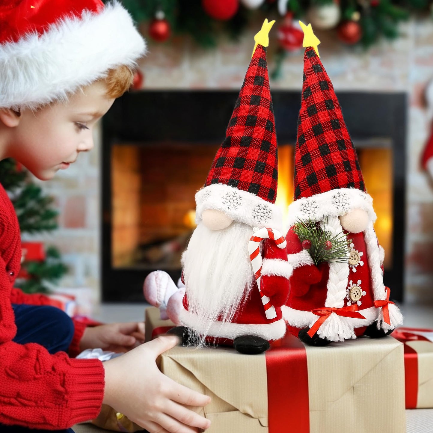 Lovinland Christmas Gnomes Plush Couple with Red Buffalo Check - Xmas Gnomes Elf Tomte Ornaments Doll - Christmas Decorations - Xmas Decorations for Home, Indoor, Office