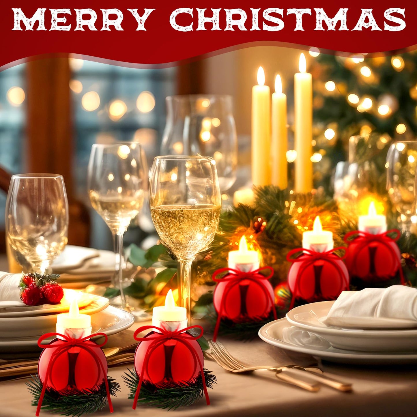 Suncalla 6 Pcs Red Christmas Tealight Candle Holder Christmas Dinner Table Decorations Ball Candlestick Holder with Bow and Wreath for Party Indoor Decorations