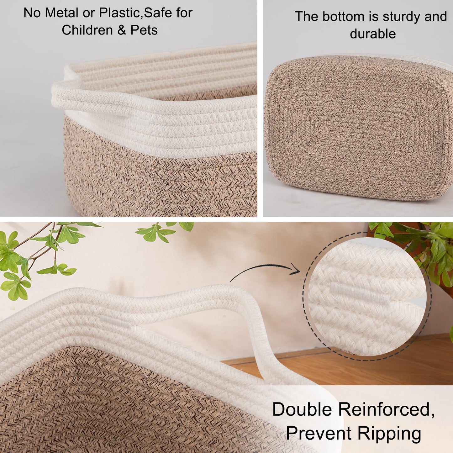 OIAHOMY 3 Pack Storage Basket, Woven Baskets for Storage, Cotton Rope Basket for toys,Towel Baskets for Bathroom,Brown