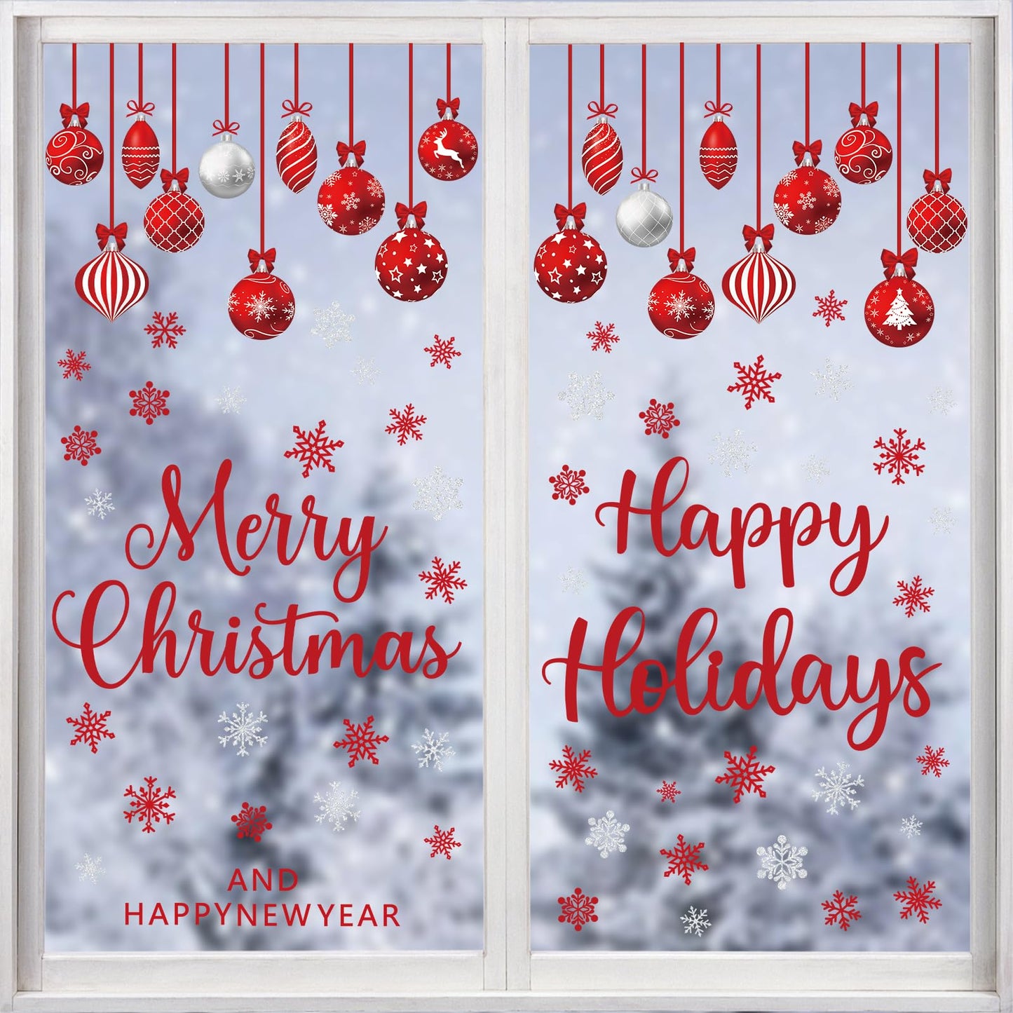 Red Merry Christmas Window Clings 6 Sheets, Happy Holiday Winter Snowflake Window Decals Stickers for Home Xmas Party Decorations Supplies, Reusable Happy New Year Cling for Windows (Xmas)