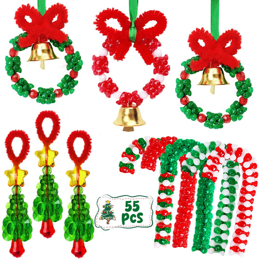 AWHETIE Christmas Crafts for Adults Kids,55 Sets Christmas Beaded Ornament Kit,Including 20 Pcs Wreath with Bell/5 Pcs Tree/30 Pcs Candy Cane,Holiday Tree Decorations Party Supplies