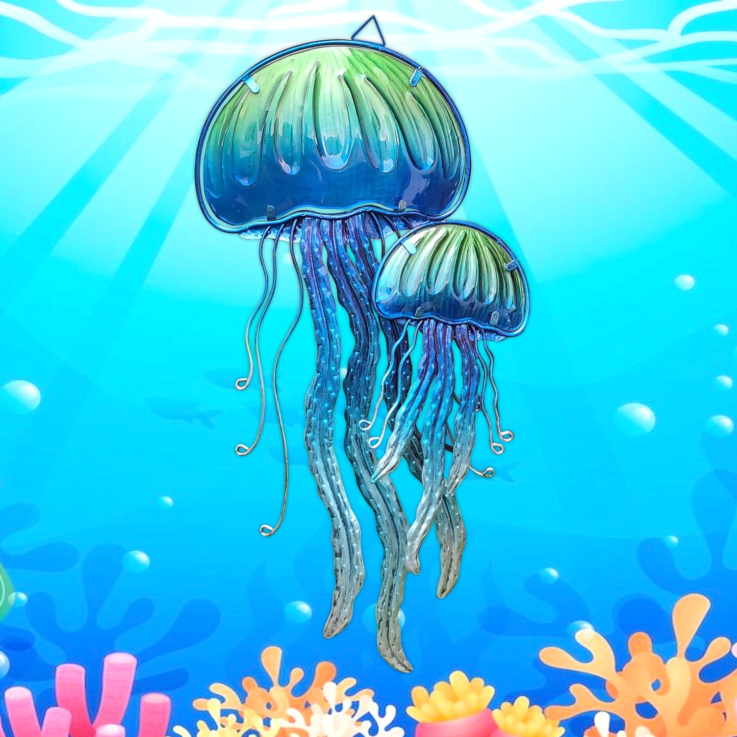 JOYBee Ocean Jellyfish Wall Art Decor-Sea Life Nautical Home Hanging Decor-Glass&Metal Jellyfish Decoration for Pool,Beach,Patio,Living Room,Bathroom,Boat, Coastal Decorations(17inch)
