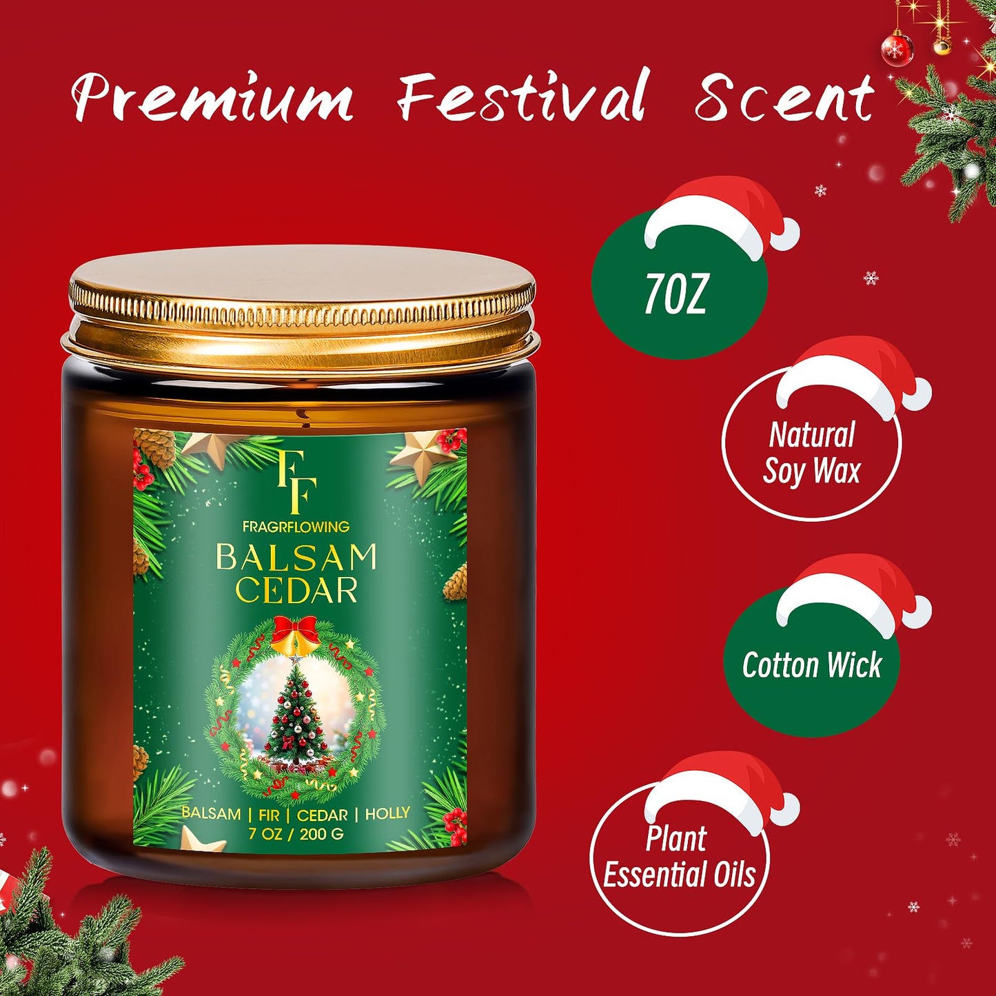 Christmas Candles Set, Scented Candles for Home, 4 Pack Holiday Natural Soy Candles, Christmas Gifts for Women Men, Festival Fragrance of Balsam Cedar/Cookies/Mulled Cider/Cinnamon