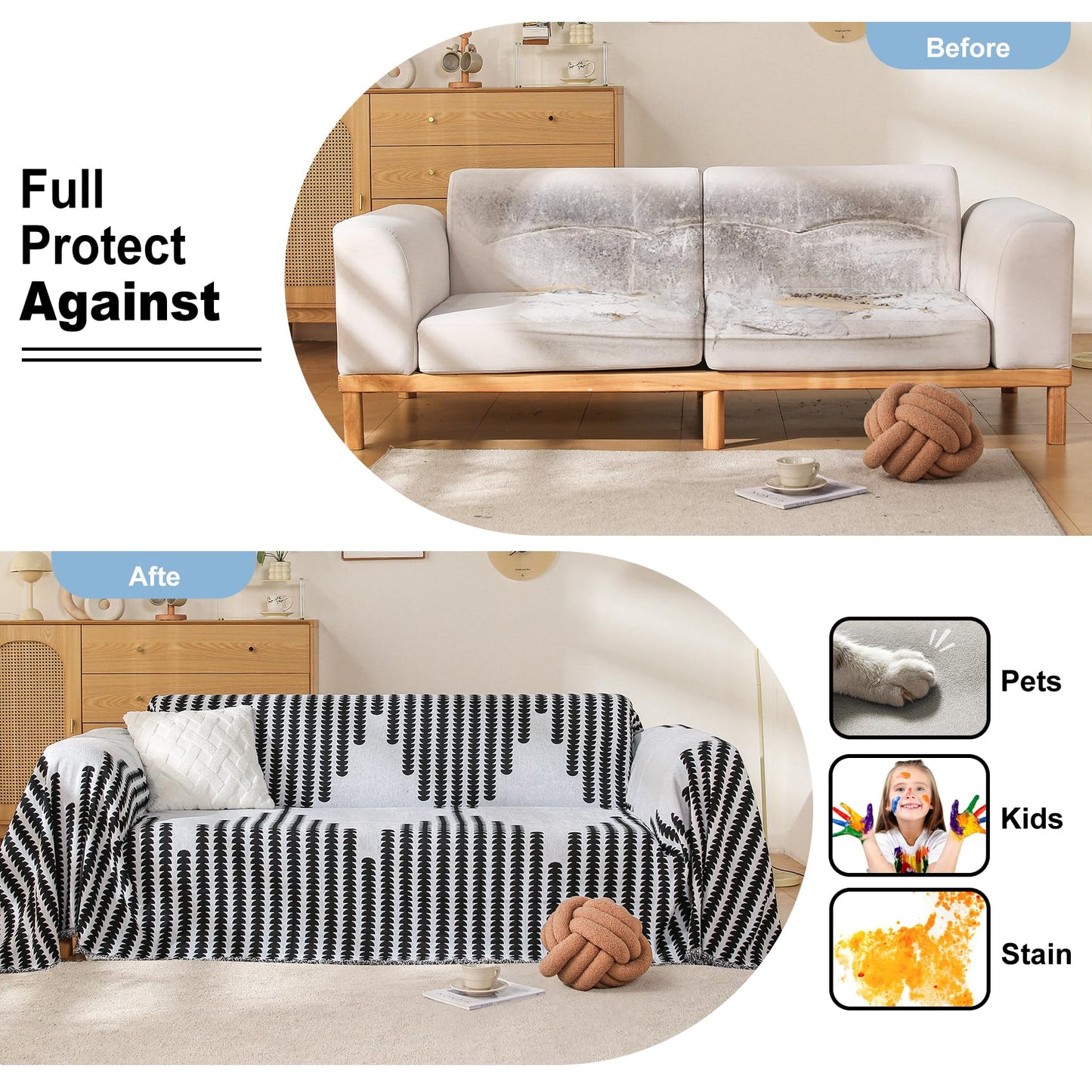 COHOLYTY Boho Couch Cover, Sofa Cover, Sofa Covers for 2 Cushion Couch, Washable Sectional Couch Covers for Dogs Pet Furniture Protector Couch Cover Blanket for Living Room (2# White, 71" x 118")