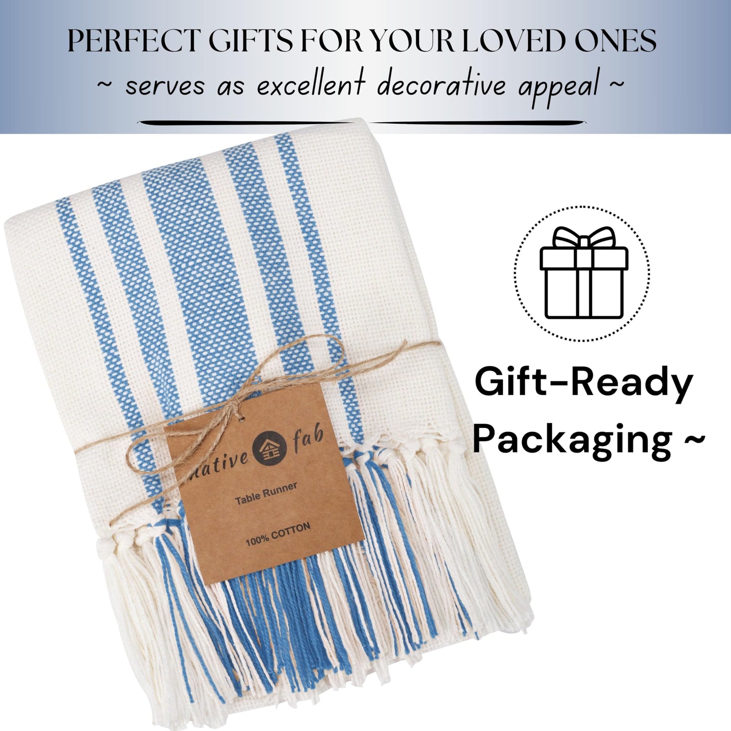 Native Fab Stripe Table Runner - 72 Inches Long Boho Table Covers with Tassels - 100% Cotton, Tight Weave, Non Slip Tablerunner for Dining, Kitchen, Dresser, Wedding, 14"x72" - Light Blue & White