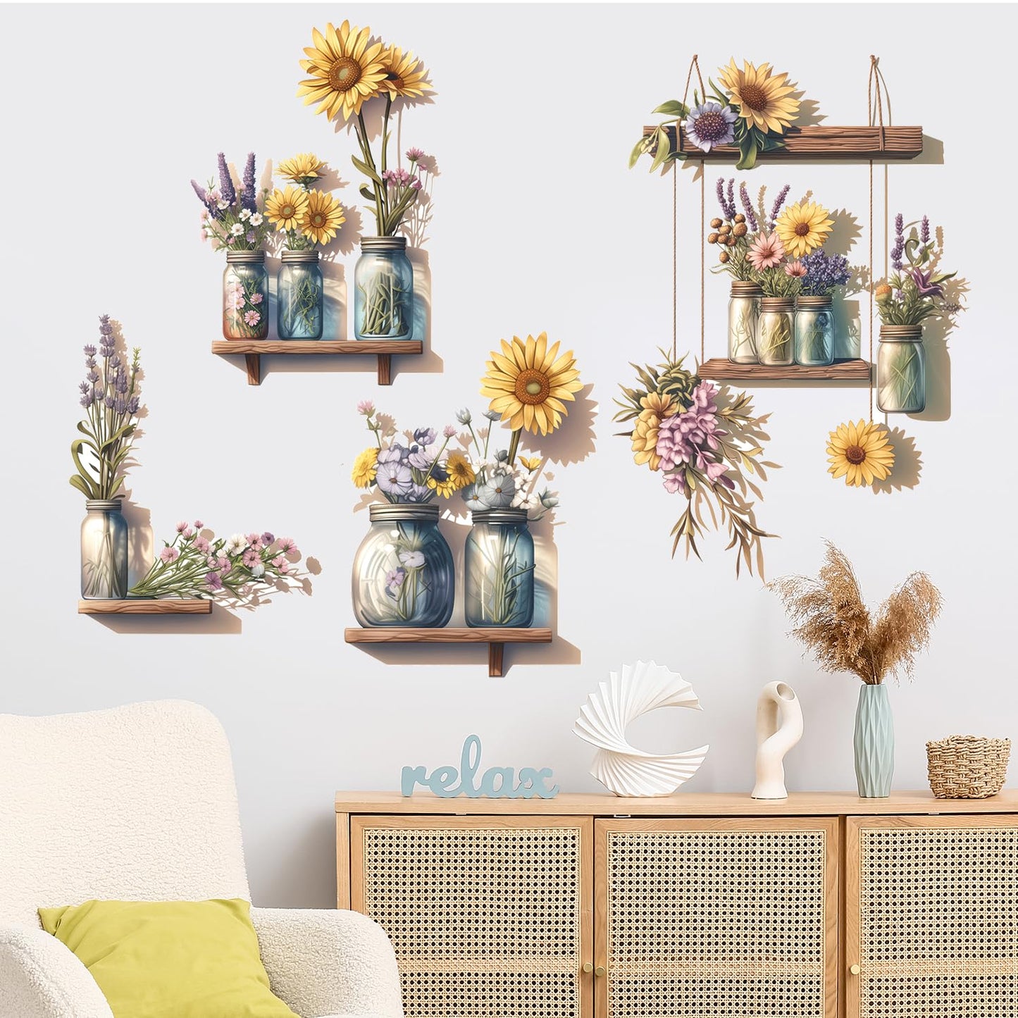 Sunflower Wall Decals 3D Flower Wall Stickers Potted Plant Floral Wall Decal Peel and Stick Flower Window Clings Vinyl Removable for Bedroom Nursery Decoration