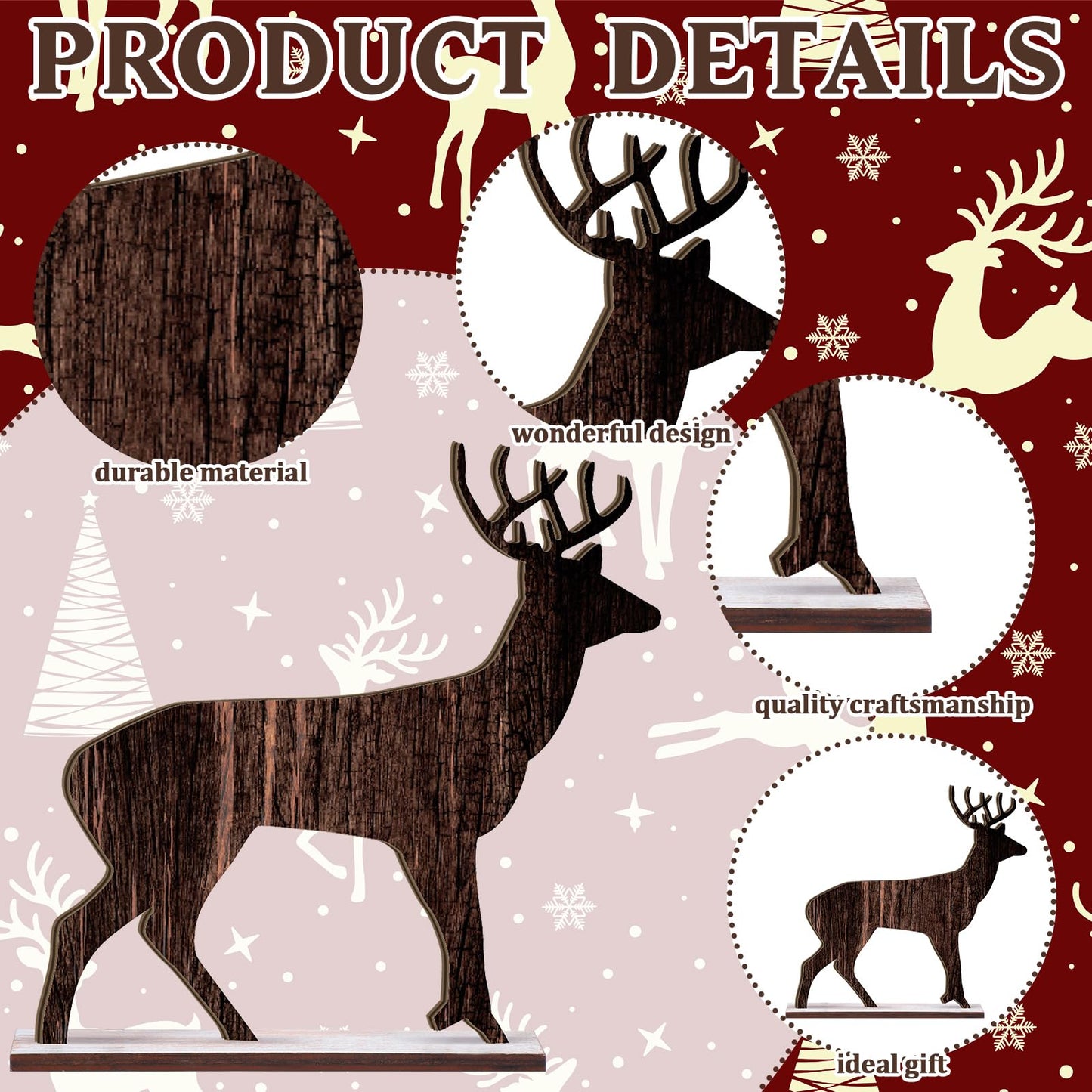 Barydat Winter Table Decorations Wooden Pine Tree Reindeer Table Centerpiece Winter Tabletop Signs Rustic Farmhouse Decor for Home Office Desk Party Favors(4 Pcs,Reindeer)