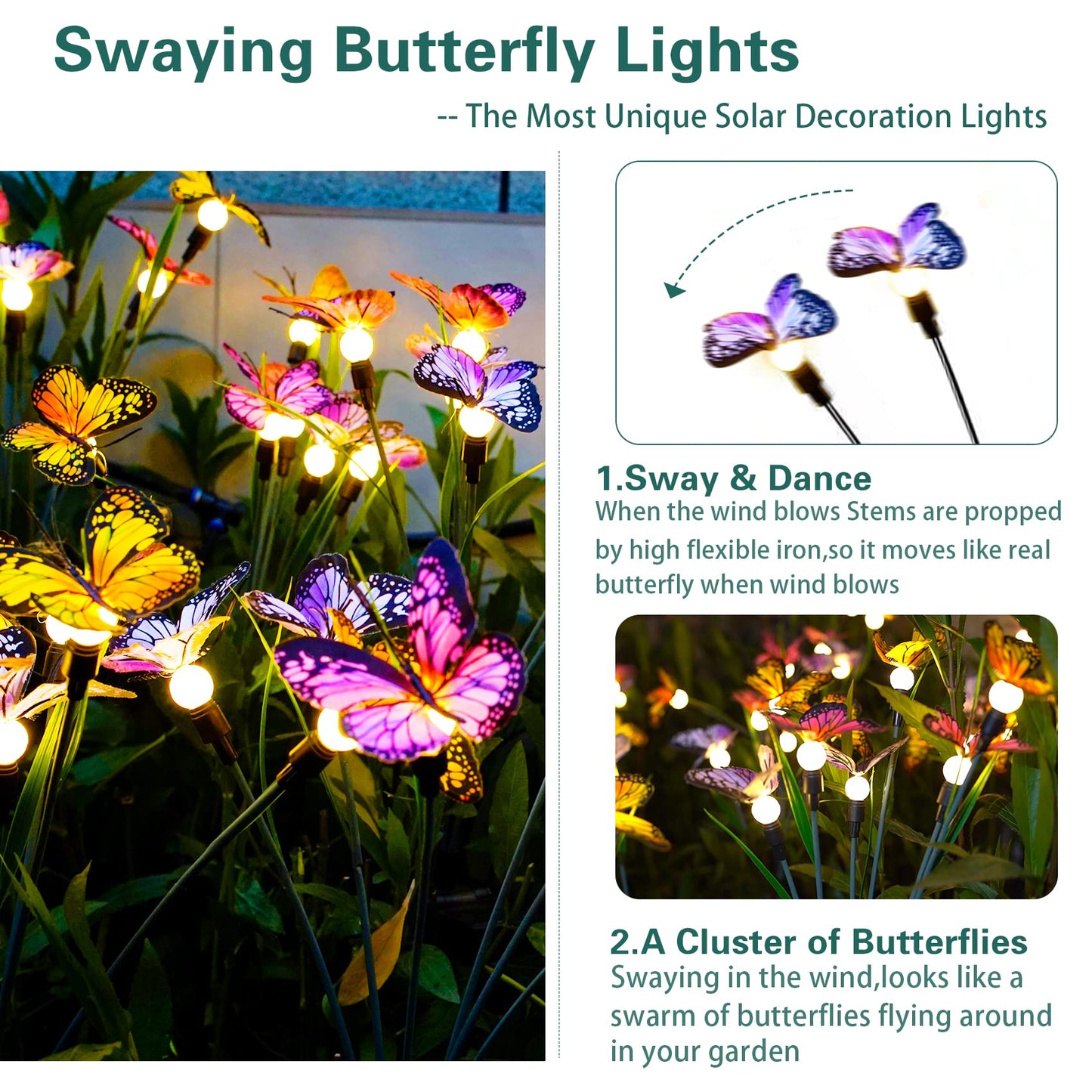 TONULAX Solar Garden Lights - 2 Pack Swaying Butterfly Light, Swaying in The Wind, Solar Outdoor Lights, Yard Patio Pathway Decoration, High Flexibility Iron Wire & Realistic Butterflies (2 Pack)