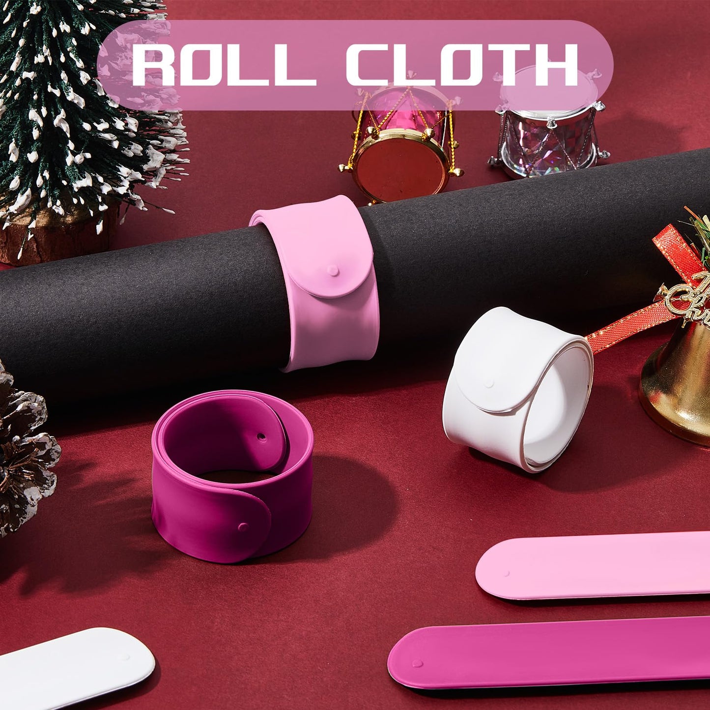 Charniol 12 Pieces Wrapping Paper Roll Holder Holiday Flip Wraps Silicone Covered Metal Strips Flip 1 x 9 Inch Stabilizer Slap Band for Poster Gift Paper Vinyl Storage Organize (Rose Red,Pink,White)