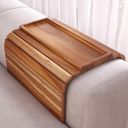 Danfoxer Sofa Arm Tray,Acacia Wood Folding Couch Arm Tray,Sofa Armrest Trays with Anti-Slip Pad for Drinks,Snacks,Phone,Remote Control