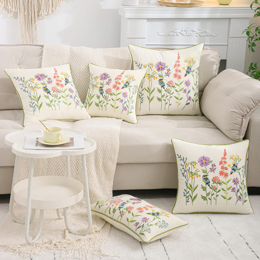 Tosleo Spring Pillow Covers 18 x 18 Pack of 2 Embroidered Throw Pillow Covers Vintage Birds with Flowers Pillowcase Farmhouse Floral Pillow Cushion Cases Summer Decor Pillowcases Square Pillow Case