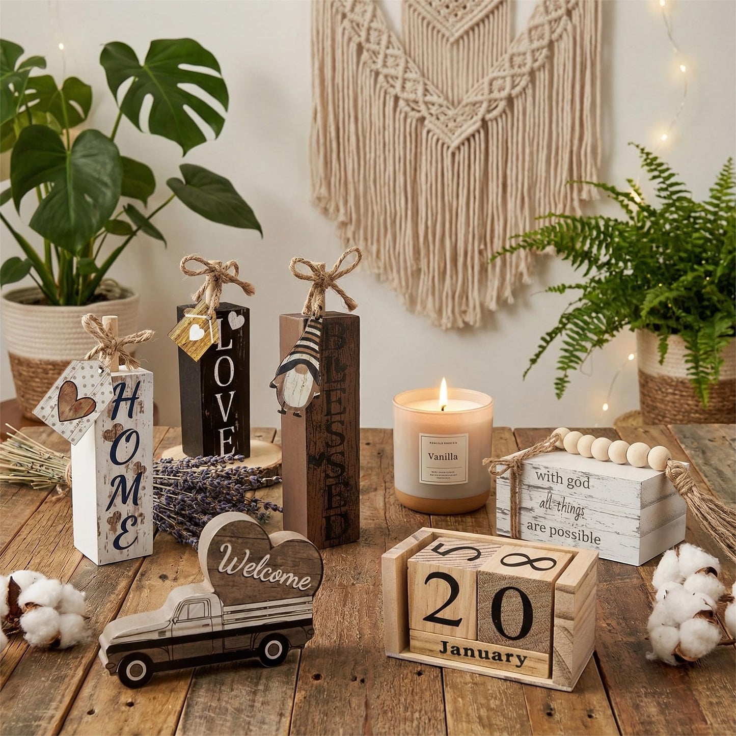 Farmhouse Wooden Table Decor White Faux Books for Decoration with Wood Bead Garland, Wooden Perpetual Block Calendar Rustic Tiered Tray Decor for Home Sweet Kitchen Entryway Living Room Shelves