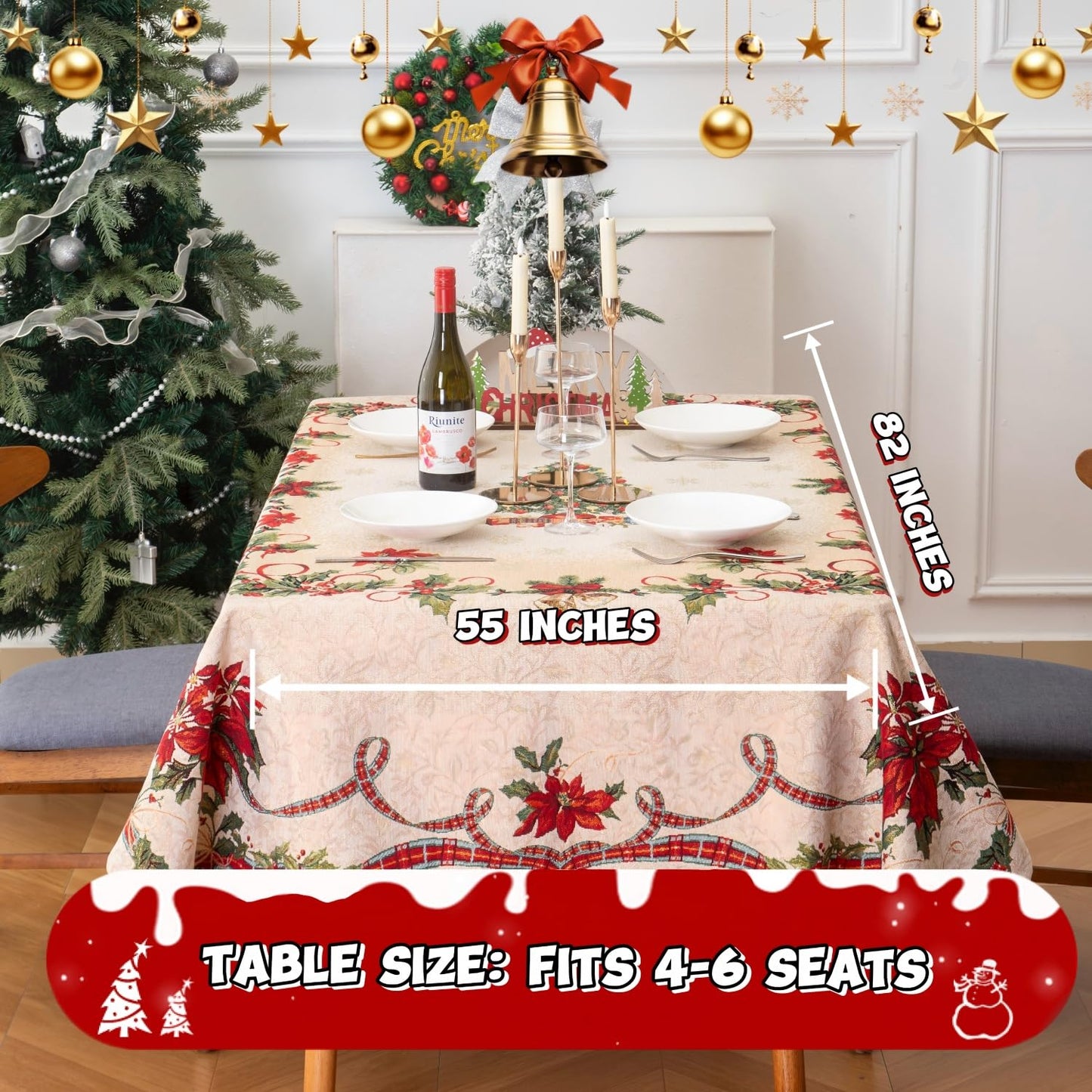 Jessy Home Christmas Tablecloth Xmas Tree Table Cloth Rectangle 55"x82" Winter Table Cover Polyester Wrinkle Resistant Washable Christmas Decoration for Holiday Party Dinner Home