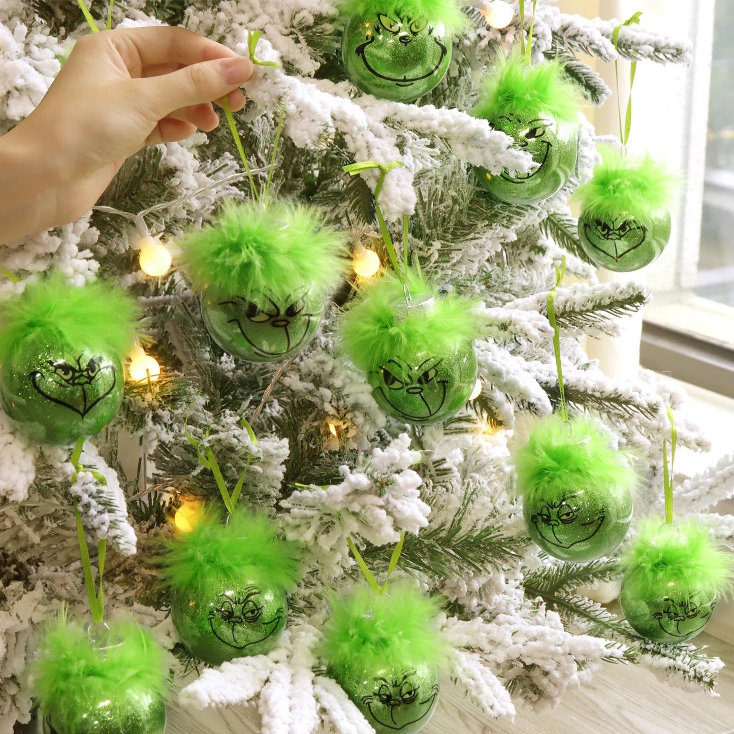 Bunny Chorus Christmas Decorations Indoor: 12pcs Cute Green Elf Christmas Tree Ornaments with Fuzzy Hair, Hanging Thief Monster Xmas Balls for Tree Fireplaces Garland, Kids Home School Office Decor