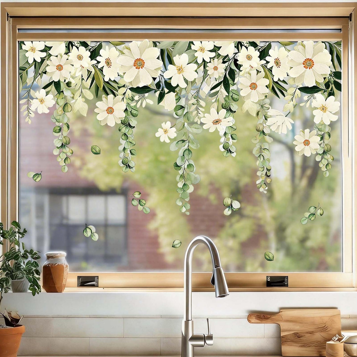 Daisy Spring Flowers Window Clings Eucalyptus Leaves Window Decals Hanging Vine Floral Leaf Double-Sided Reusable for Home School Office Decor Party Supplies,6 Sheets