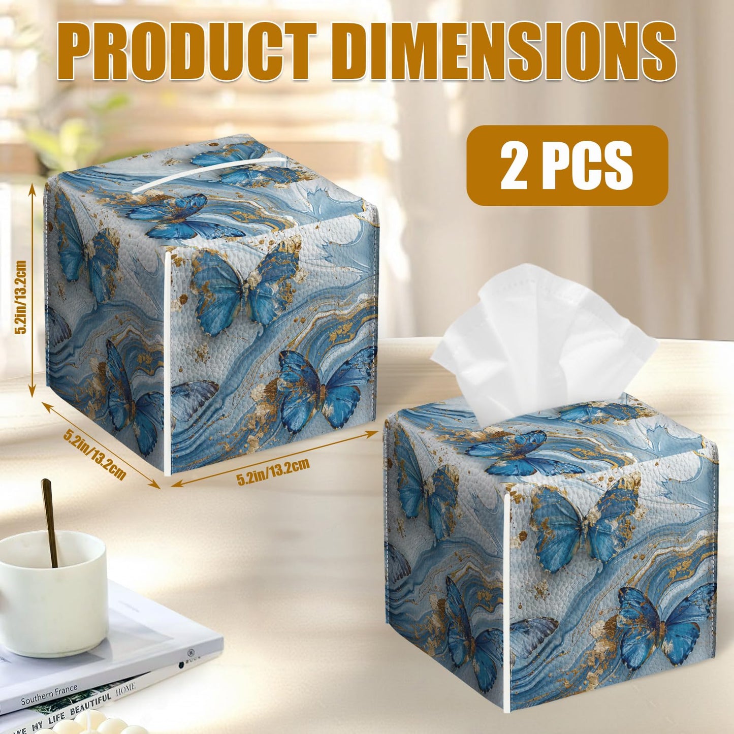 Blue Butterfly Tissue Box Cover 2PCS, Marble Leather Tissue Box Holder Square Facial Paper Case Tissue Box Cube Organizer for Bathroom Bedroom Desk Office
