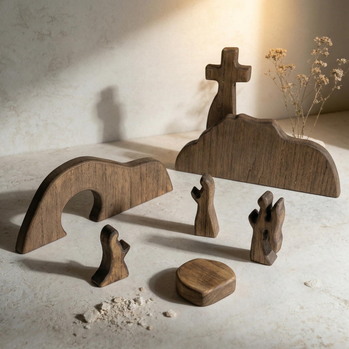 NEROSUN Empty Tomb Easter Scene and Cross Decoration, Wooden Jesus Resurrection Nativity Set, Religious Christian Tabletop Decor for Home Office Christian