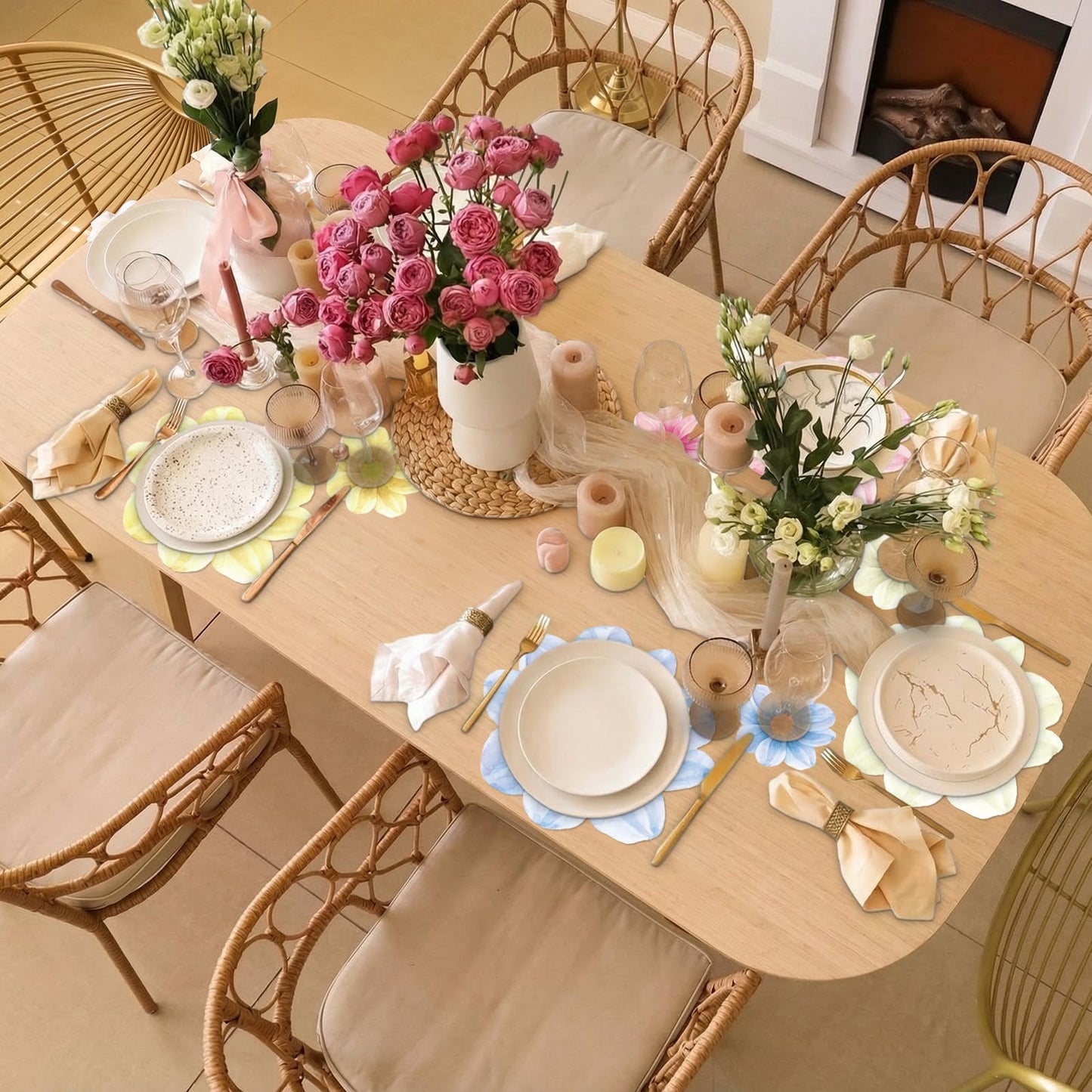 Qinyoung 96 Pcs Disposable Floral Paper Placemats and Coasters Set Floral Table Place Mats and Coasters Decorative for Dining Table Setting Birthday Party Supplies Wedding Bridal Shower Spring Decor
