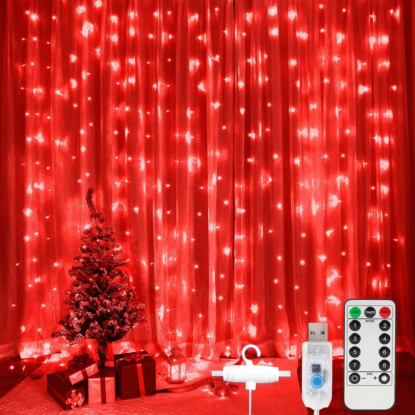 SUNNEST LED Curtain Lights Christmas, 300 LEDs 9.8FT x 9.8FT USB Curtain String Light with 8 Lighting Modes Wall Lights with Remote Control, Twinkle Light for Bedroom Decoration (Red)