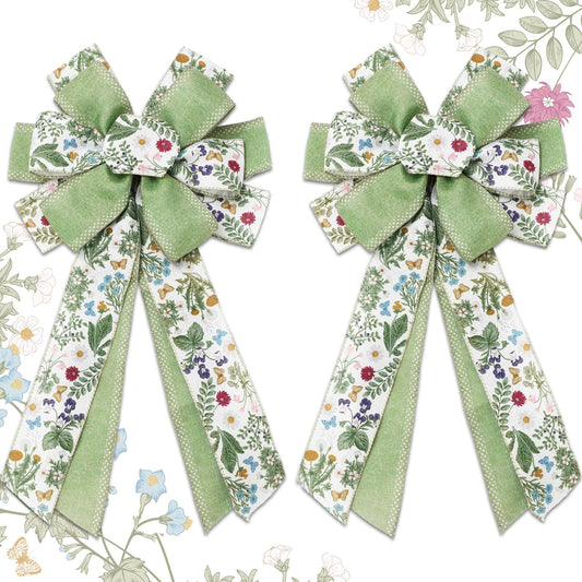 JarThenaAMCS Spring Wreath Bow Green Wildflower Craft Bow Floral Bowknot Front Door Tree Topper Ornament for Indoor Outdoor Home Party Decor, 11 x 20.3 Inch