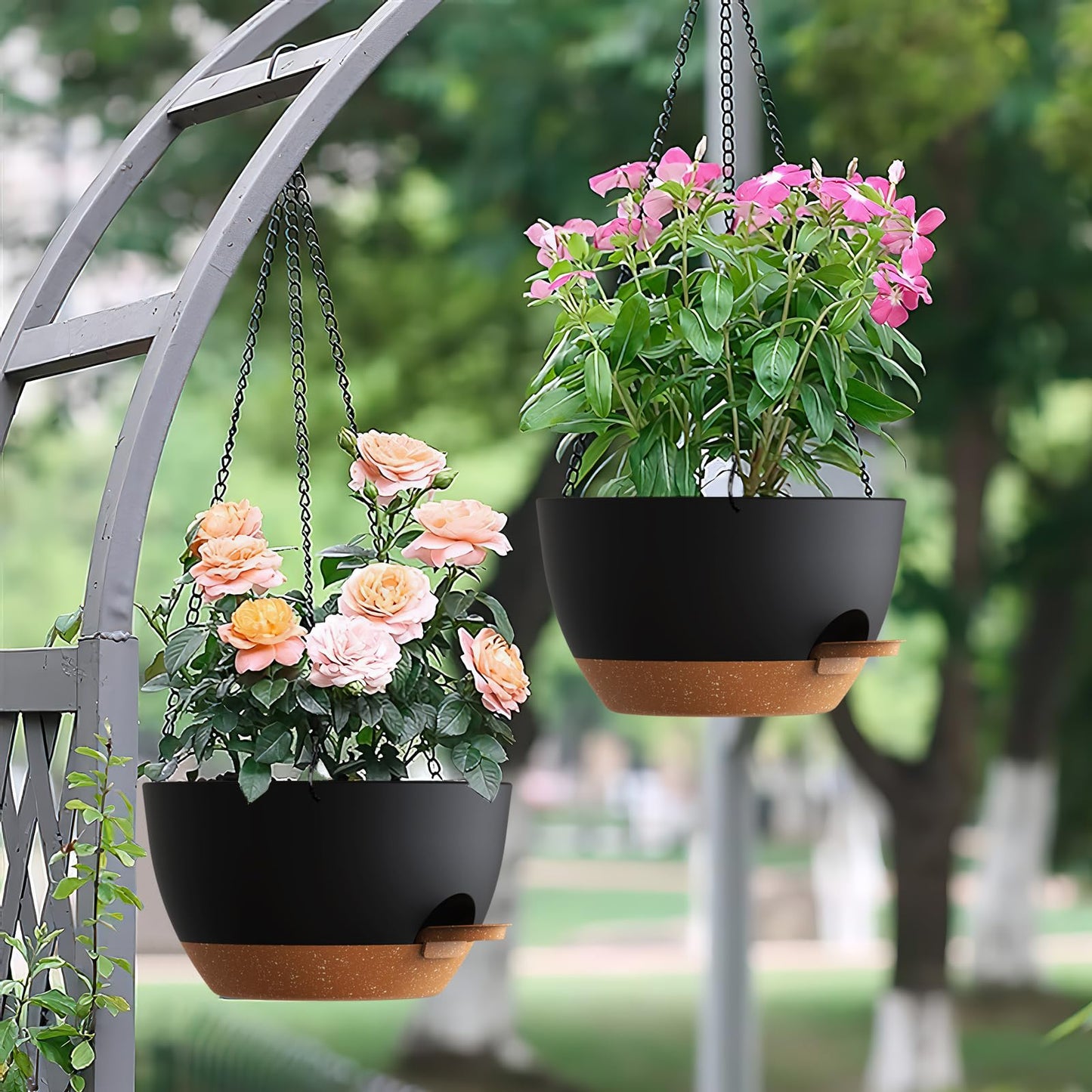 UOUZ Set of 3-10 Inch Self Watering Hanging Planters for Indoor Outdoor，Hanging Plant Pots with Drainage & Removable Tray, Hanging Pots Holder for Ivy, Pothos, Ferns, Balcony & Patio, Black with Brown
