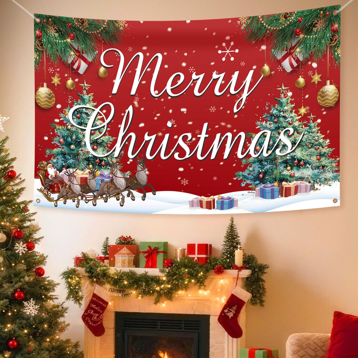 HOOSUN Christmas Decorations,72 x 44 Inch Merry Christmas Backdrops for photography,Xmas Banners Party Decorations,Xmas Photo Booth Backdrop Party Banner for Wall,Yard,Garage