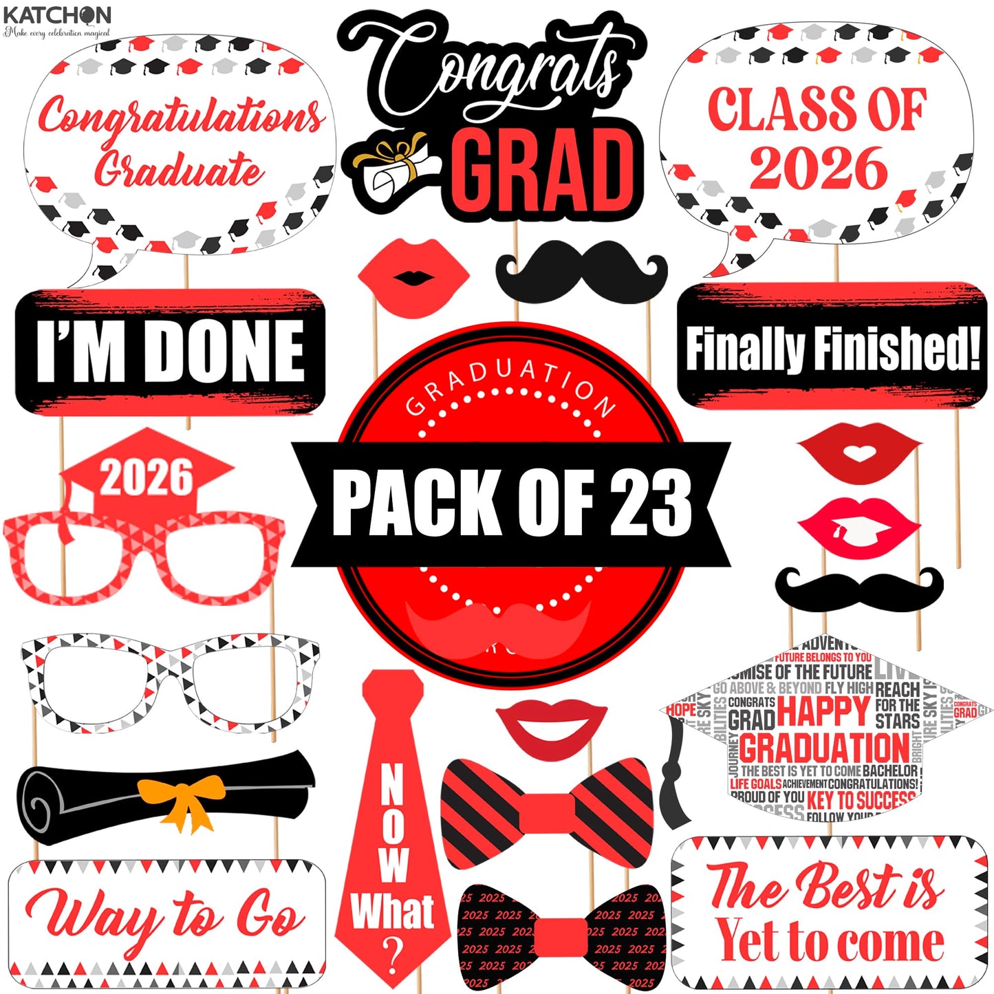 Graduation Decorations 2026 | Red Graduation Photo Props - Pack of 23 | Photo Props for Red & Black | Graduation Props for Congrats Grad Decorations | Class of 2026 Decorations, KatchOn