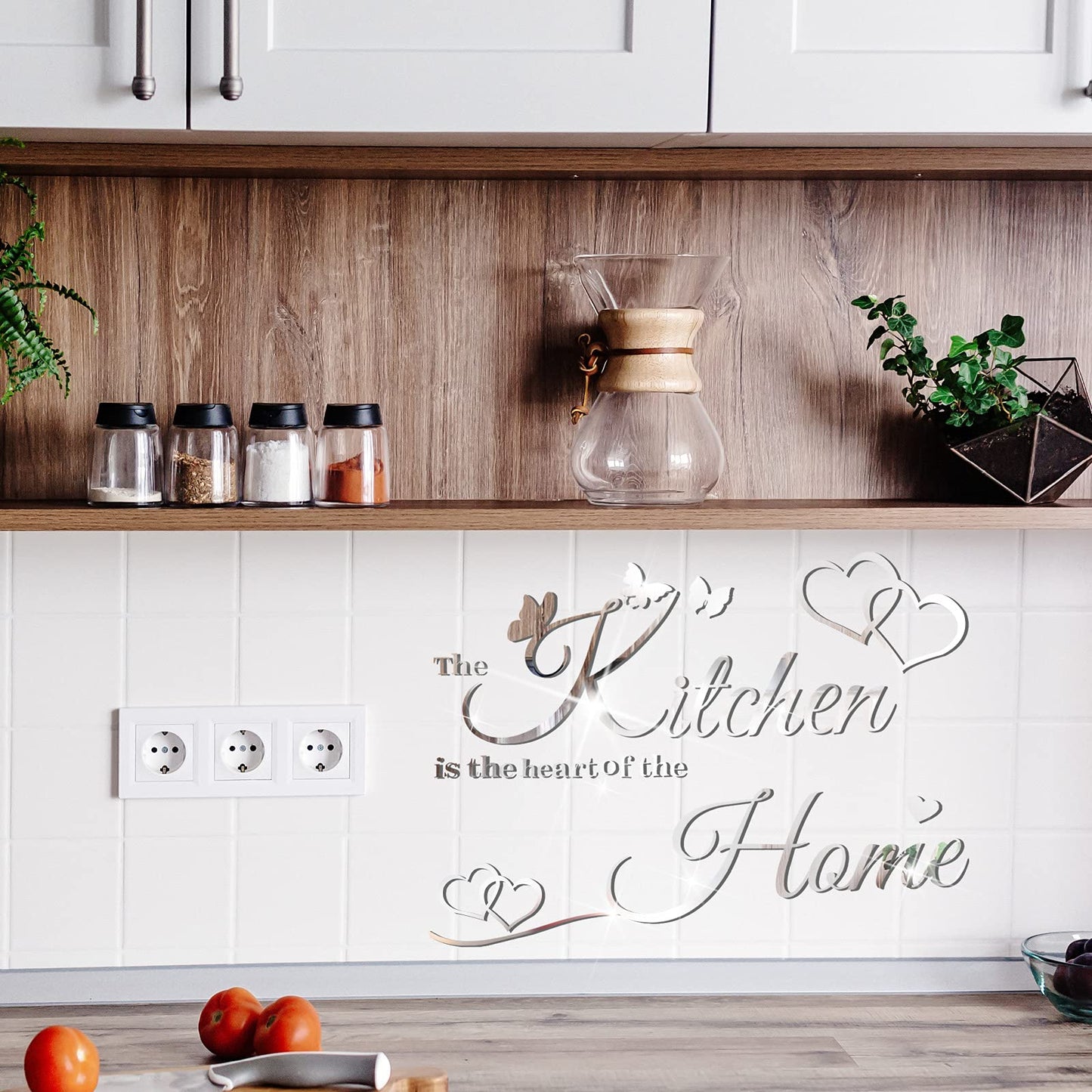Kitchen Wall Stickers Kitchen The Heart of The Home 3D Acrylic Mirror Wall Decal Removable Quotes Sign Butterfly Heart Saying Decals DIY Art Decoration for Home Dining Room